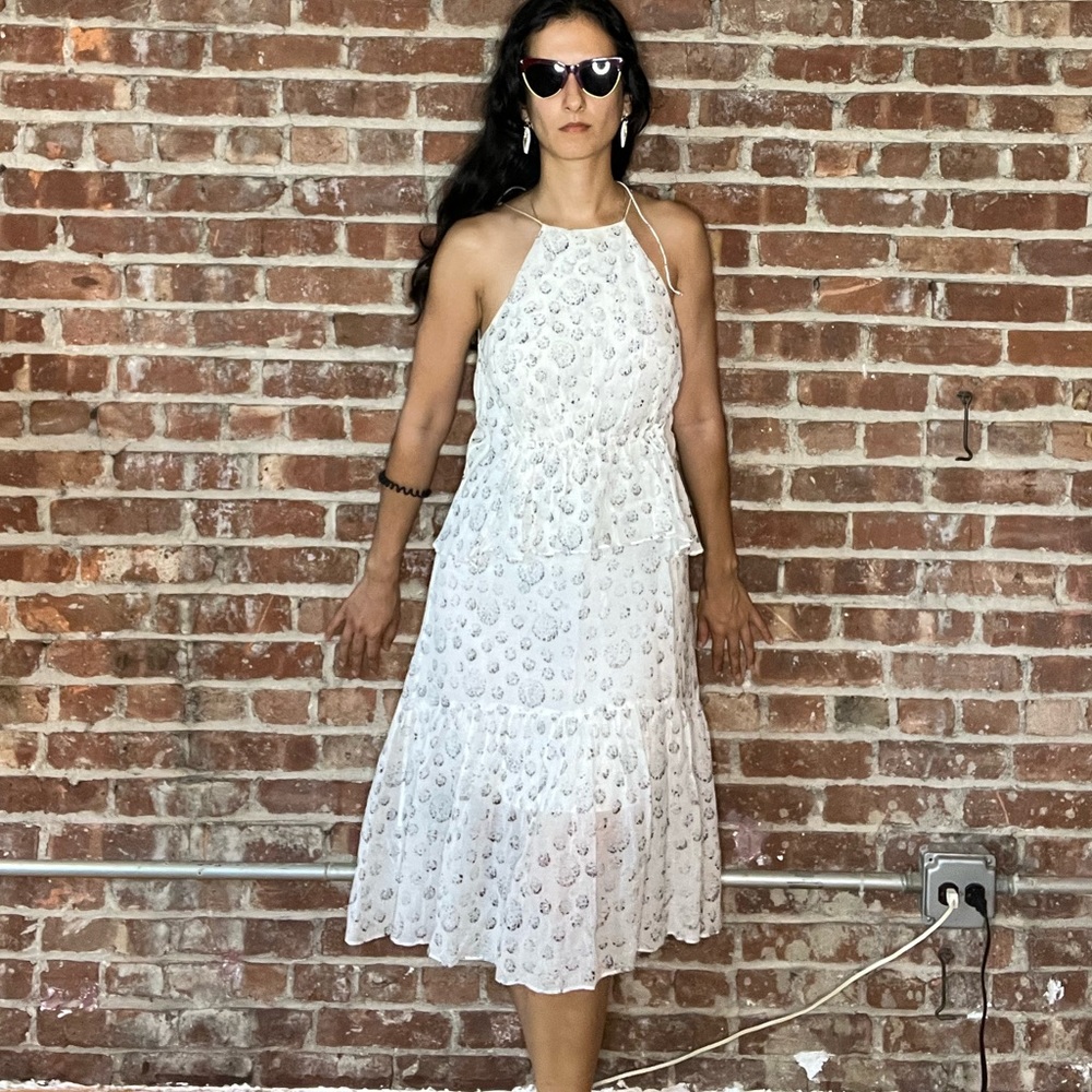 Tibi cotton silk white printed dress ruffle sleeveless